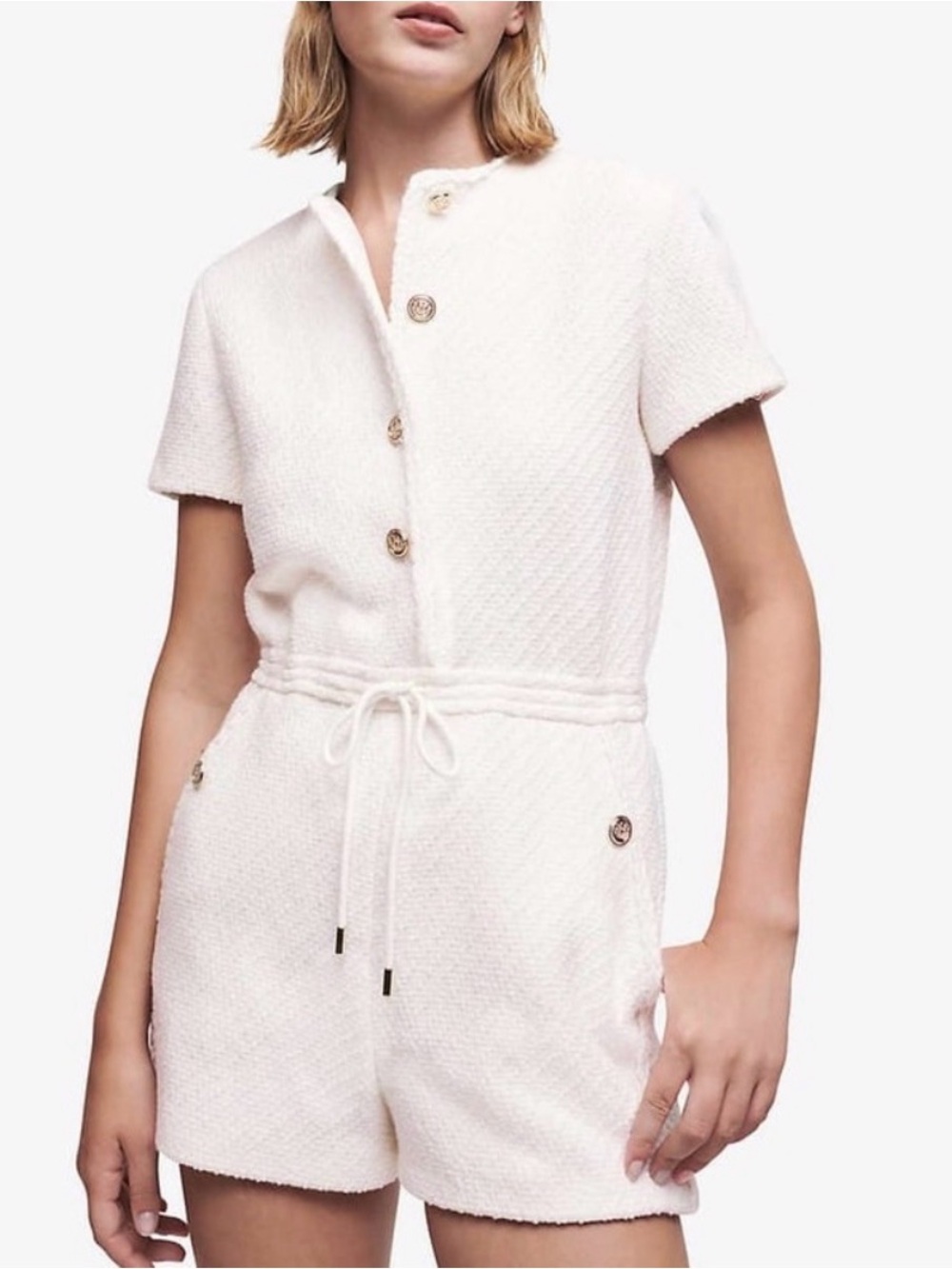Maje Cream Short-Sleeve Textured Romper